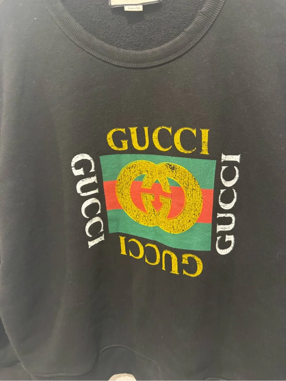 Authentic Gucci Crewneck Distressed Logo Black Sweatshirt Size XL